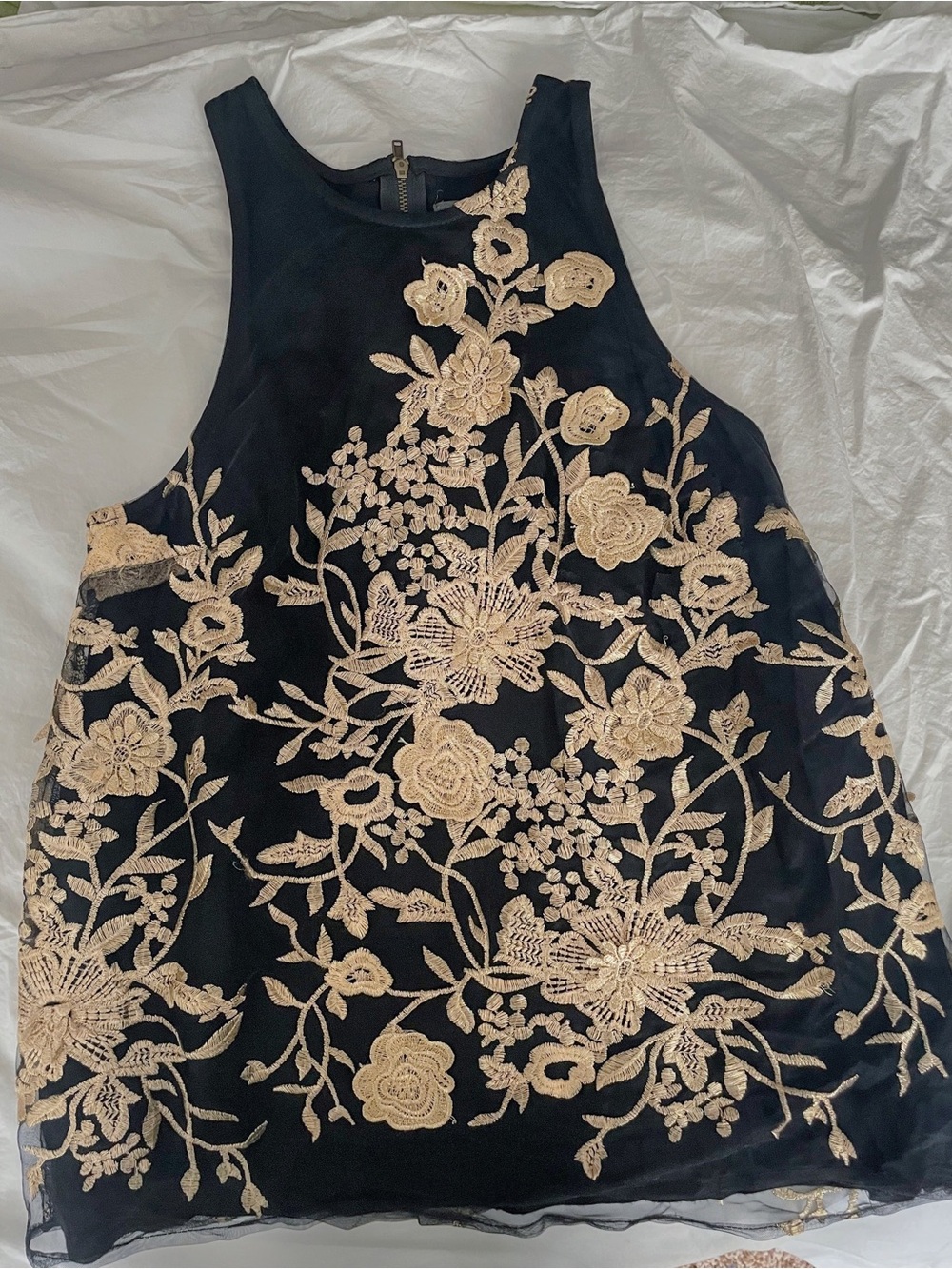 Anthropologie Sunday in Brooklyn Black Tank Top with Gold Floral Embroidery